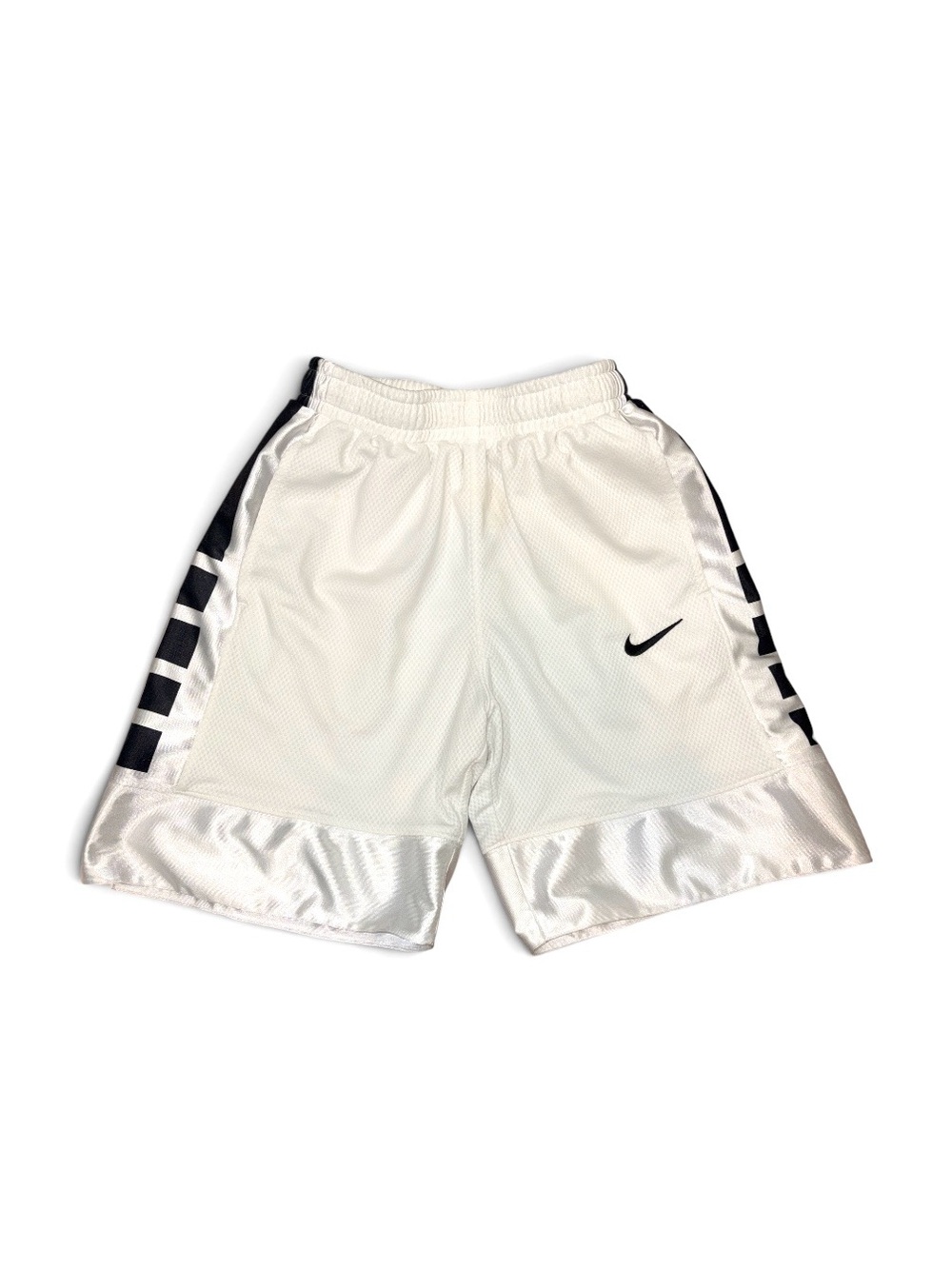 Nike Dri-Fit white basketball shorts with black stripes on sides, Youth size M
